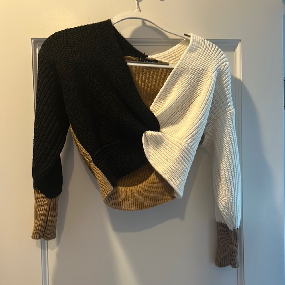 Colorblock Sweater - Black, White, and Tan